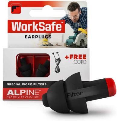 Alpine Hearing Protection Alpine WorkSafe Noise Reduction Earplugs for Adult - Reusable Hearing Protection for Construction Work & DIY with Safety Cord - Comfortable Hypoallergenic Filter Ear Plugs for Study and Focus
