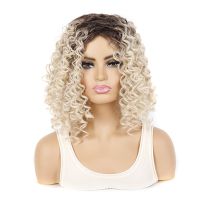 Kinky Curly Loose Deep Halloween Cosplay Short Hair Wig Afro Dark Brown Blonde Ombre Color For White Black Women Wig  Hair Extensions Pads