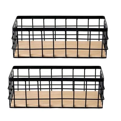 2Pack Metal Storage Basket with Wood Base,Decorative Baskets for Home Storage,Wire Basket for Organizing Small Tableware