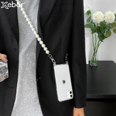 「16- digits」 Pearl Chain Crossbody สร้อยคอ Lanyard Cord เคสโทรศัพท์ใสสำหรับ iPhone 13 12 14 11 Pro Max Mini X XR XS 6 7 8 Plus SE 2ฝาครอบ