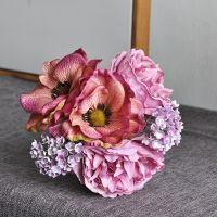 （A SHACK） 6ชิ้น DIY บ้าน DecorPeony ช่อ Anemone ดอกไม้ประดิษฐ์แต่งงานเจ้าสาวช่อปลอมผ้าไหมฟลอเรส S Crapbook แต่งงาน