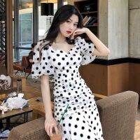 COD IOED95 New Products Ready Stock Style Female Summer Literary Retro French Salt Can Be Sweet First Love Super Fairy Polka Dot Long Skirt Gentle Waist-Tight Slimmer Look