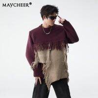 MAYCHEER เสื้อผู้ชายเสื้อกันหนาวแบบถักพู่หนาสำหรับฤดูหนาวของผู้ชายสีตัดกันดีไซน์ขี้เกียจแบบเรียบง่ายเสื้อแบรนด์แฟชั่นระดับไฮเอนด์