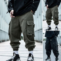 Drawstring Elastic Waistband Wide Leg Shrinkable Cuffs Men Pants Multi Pockets Mid-Rise Casual Cargo Trousers Stylish Cargo Pants