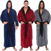 Men Winter Bathrobe 2021 Autumn Winter Solid Hooded Bathrobe Plush Lengthened Soft Gown Midi Robe Nightgown Male Loose Home Wear