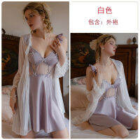 2023 Hot Underwear Sexy Deep V Tramsparent Yarn Plus Chest Pad Flounced Sleeve Satin Nightdress French Outerwear Gown Homewear Suit P3450