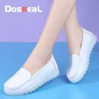 Sepatu Slip On หนังรองเท้าส้นเตี้ยแสนสบายผู้หญิงรองเท้าพยาบาลสีขาว DOSREAL