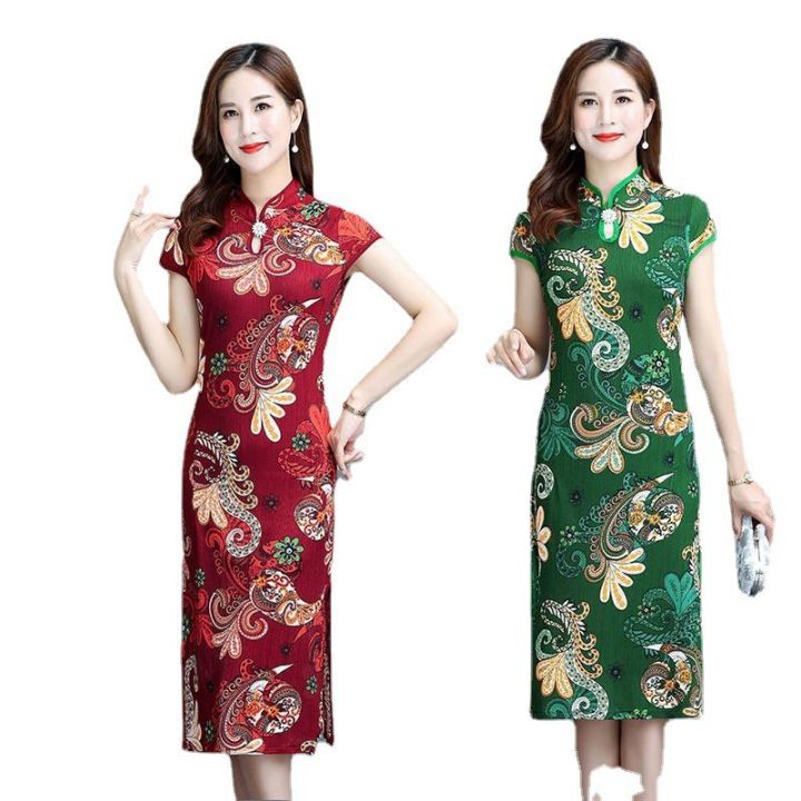 cod-หลาใหญ่แต่งกายหญิงฤดูร้อนใหม่อารมณ์ลมจีนย้อนยุค-cheongsam-หญิงเดรสพิมพ์สลิมเป็นชุดบางๆ