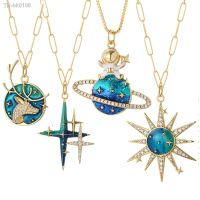 ♞✵ Cute Deer Moon Star Sun Necklace for Women Blue Enamel Pendant Female Long Gold Color Stainless Steel Chains Punk Hiphop Jewelry