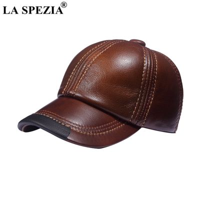 LA SPEZIA Brown Baseball Caps Men Genuine Leather Casual Peaked Hat Male Adjustable Winter Natural Leather Luxury Baseball Hats