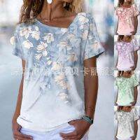 [COD] 2022 summer ebay new wish floral print short-sleeved oblique collar loose European and womens T-shirt