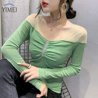 ➦YIMEI เสื้อยืดผู้หญิงกว่างโจวสวยๆล่าสุด2023เสื้อเชิ้ตท่อนล่างกระชับสัดส่วนและเข้ารูปดีไซน์ MODE Korea เสื้อยืดคอสี่เหลี่ยมสุดฮอตสำหรับผู้หญิงเสื้อตาข่ายหลังสวย