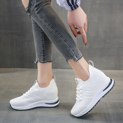 Women Casual Mesh Breathable Tennis Shoes Height-Increasing 7CM Slip On Female Sock Footwear Outdoor Woman Sneakers Platform