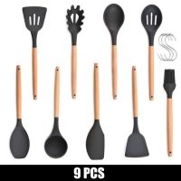 QTCF-9/10/11/12pcs  Black Silicone Utensils Set Kitchen Cooking Tools Kits Turner Tongs Spatula Soup Spoon Non-stick Shovel Oil Brush