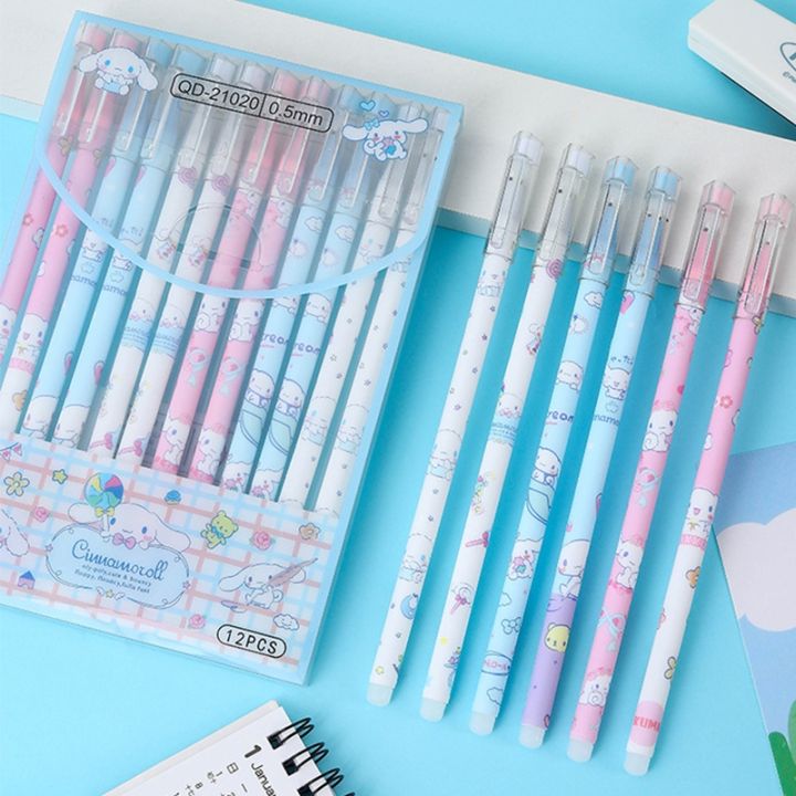 12pcs-sanrio-erasable-pen-mymelody-kuromi-cinnamoroll-blue-ink-writing-refill-signature-tool-push-button-school-office-supplies