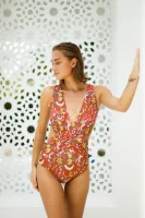 ELLE SWIMWEAR I ชุดว่ายน้ำสตรี แบบวันพีช ONE PIECE เสื้อตัวยาวปิดสะดือ บิกินี่เต็มตัวสายใหญ่ขาเว้าปกติ สีส้ม I E2P1BPJ14203