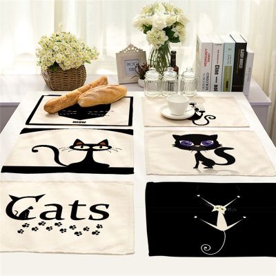 【LZ】♈  42x32cm Cute Black Cat Pattern Kitchen Placemat Dining Table Mats Drink Coasters Western Pad Cotton Linen Cup Mat Home Decor
