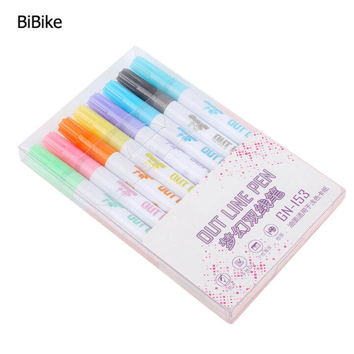 bibike-ปากกาไฮไลท์สีสันสดใส8ชิ้น-ปากกาเส้นคู่-diy-เขียนได้อย่างราบรื่นชุดมาร์กเกอร์สควอชสุดพิเศษสำหรับเขียนบันทึกสมุดติดรูป