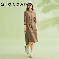 GIORDANO Women Dresses Stand Collar Ribbon Tie Waist Shirt Dresses Sweet Puff Sleeve 100% Cotton Fashion Casual Dresses 05463337 105