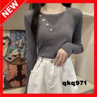 qkq971 Top Korean Style Long Sleeve Knitted Sweater Square Neck Slim Fit All Match Base Jacket