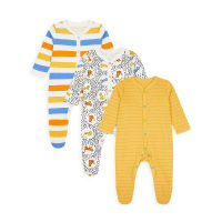 ชุดสลีพสูทเด็ก Mothercare leopard, stripe and mustard sleepsuits - 3 pack YD259