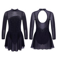 Kids Girls Shiny Rhinestones Sheer Mesh Long Sleeves Leotard Dress Back-keyhole Figure Ice Skating Roller Skating Ballet Dancing