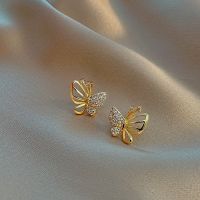 Gold Color Cubic Zircon Butterfly Stud Earrings Simple Geometric Stud Earrings for Women Girl Party Jewelry 2022