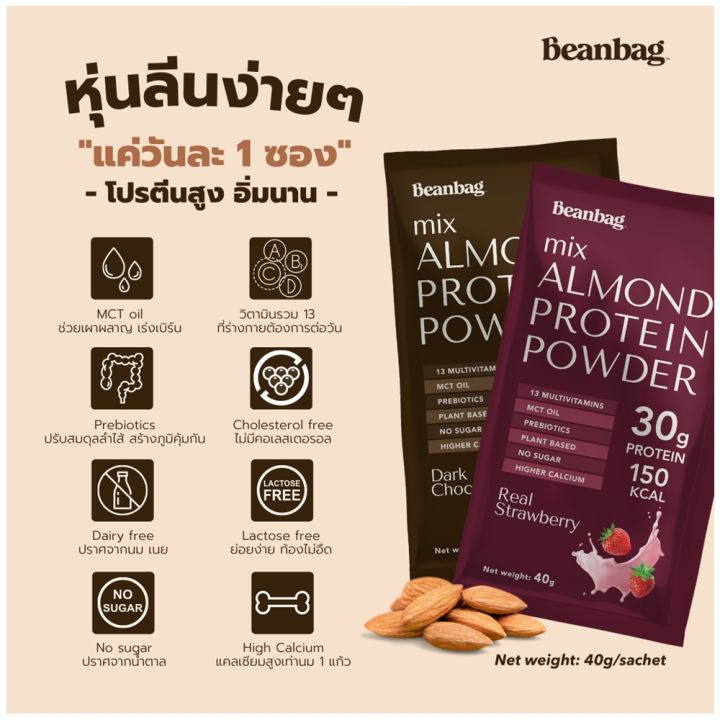 beanbag-almond-protein-powder-powder-dark-chocolate-280g-เครื่องดื่ม-โปรตีน-จากพืช-ผสมอัลมอนด์ชนิดผง-ตรา-บีนแบ็ก-รสดาร์คช็อคโกแลต-280-กรัม-กล่อง-7-ซอง-x-35g