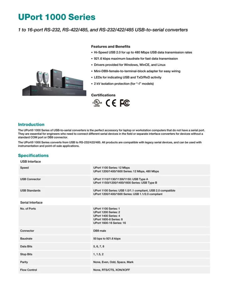 MOXA UPort 1150: 1-port RS-232/422/485 USB to serial converters