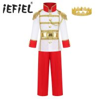 Kids Boys Prince Costume Halloween Cosplay Jackets with Epaulets Long Pants Waist Belt and Crown Sets for Carnival Dress Up