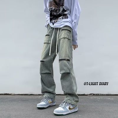Spliced Wrinkle Zipper กางเกงยีนส์ผู้ชาย2023ใหม่ Designer แฟชั่น Streetwear กางเกง Y2k Slim Hip-Hop Punk Rock Denim กางเกง