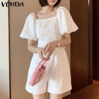 Vonda ชุดจั๊มสูทแขนสั้น คอสี่เหลี่ยม สีพื้น สไตล์เกาหลี สําหรับผู้หญิง