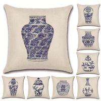 Chinese Vase Printing Linen Sofa Cushion Pillow Cover Classical Blue and White Porcelain Embroider Pillowscase For Home Decor