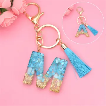 Blue, Beach Glass, Letter, Alphabet, White, Resin, Monogram, Monogrammed,  Keychain, Purse Charm, Bag Charm, Epoxy, Tan, Tassel, Key Ring