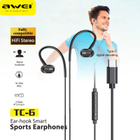 Awei คอยล์เคลื่อนไหวในหูหูฟังแบบมีสาย TC-6,เวอร์ชันดิจิตอลพร้อมไมโครโฟนการควบคุมในสายเชื่อมต่อ/วางสายถูกใช้ด้วยตัวเชื่อมต่อ TYPE-C โทรศัพท์มือถือใช้งาน