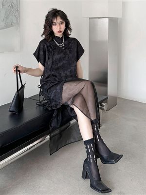 XITAO Gauze Sexy Dress Fashion Black Perspective Goddess Fan Casual Pullover Dress