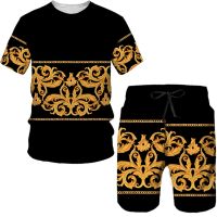 Camiseta con estampado 3D para hombre, traje deportivo informal de lujo con patrón dorado Retro, ropa de calle a la moda, 2 piezas, verano, 2023