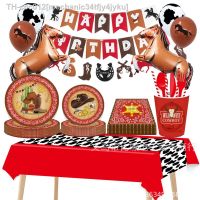 ∋ Western Cowboy Party Decor Cowboy Happy Birthday Banner Boots Horse Garland Paper Plate Cup Balloon Racing Horse Themed Supplies