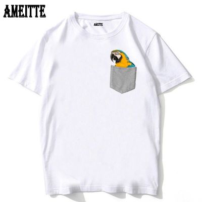 AMEITTE New Summer Men T Shirt The Parrot In Pocket Print T Shirt Hip Hop Boy Casual Tops Funny Bird Design Tee Man Short Sleeve XS-6XL