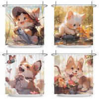 3D Digital Printing Resistant Waterproof Bathroom Shower Curtain Cute Cartoon Cat Dog Painting Shower Curtains Bathroom Curtain With Hooks Decor Waterproof Bath Personality Shower Curtain