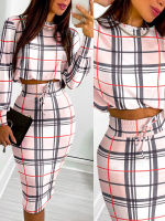 Shein Romwe Spring and Fall New Houndstooth Print Long Sleeve Top &amp; Drawstring Skirt Suits Bodycon Casual Female Chic Sets