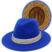 Fedora Hats Women Trilby Caps Fedoras Jazz Hat Pearls Belt Lady Inner Leopard Print Derby Cap Lady Felt Blower Men Chapeau Hats