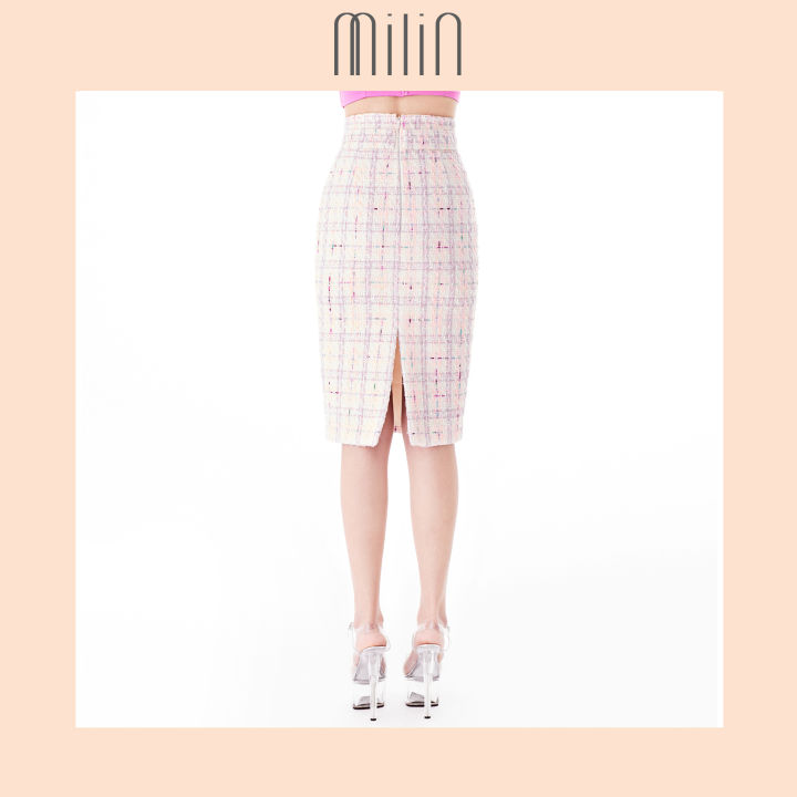 milin-multi-color-tweed-belted-high-waist-midi-pencil-skirt-with-crystal-buckle-กระโปรงทรงดินสอ-เอวสูง-ผ้าทวีด-แต่งเข็มขัด-พร้อมหัวเข็มขัดคริสตัล-nissi-skirt-สีชมพู-multi-pink-tweed
