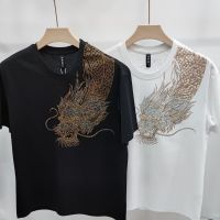 เสื้อยืดลายมังกรเปิดไหล่สำหรับผู้ชาย,เสื้อแขนสั้นเปิดไหล่ทรงสลิมสปิริตใส่ได้หลายโอกาสสำหรับฤดูร้อน