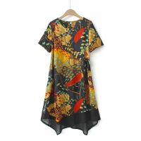 【มีไซส์ใหญ่】Plus Size Womens Short Sleeve Summer Dresses Cute Floral Printed Female Dress Large Size Vintage Vestidos