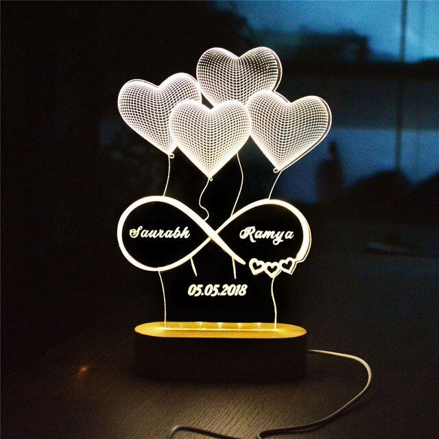 โคมไฟไฟ Led กลางคืนทรงบอลลูนรูปหัวใจอินฟินิตี้เลเซอร์ที่กำหนดเองโคมไฟ3D ชื่อวันแกะสลักสำหรับไฟตกแต่งคู่