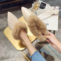 Winter Warm Real Rabbit Fur Slippers Mules Pointed Toe Elegant 2020 Womens Autumn New Furry Slides Flip Flops Office Work Shose