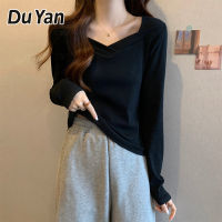 Du YAN เสื้อยืดสีทึบผ้าฝ้ายแขนยาวปกสี่เหลี่ยมด้านใน