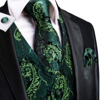 Hi-Tie Green Teal Floral Paisley Silk Men Slim Waistcoat Necktie Set For Suit Dress Wedding 4PCS Vest Necktie Hanky Cufflink Set