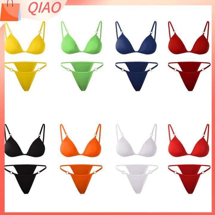 qiao-วันหยุด-เอวต่ำ-หัวเข็มขัดโลหะ-สีทึบ-เซ็กซี่-ชุดบิกินี่-ชุดว่ายน้ำแยก-ชุดว่ายน้ำ-สองชิ้น